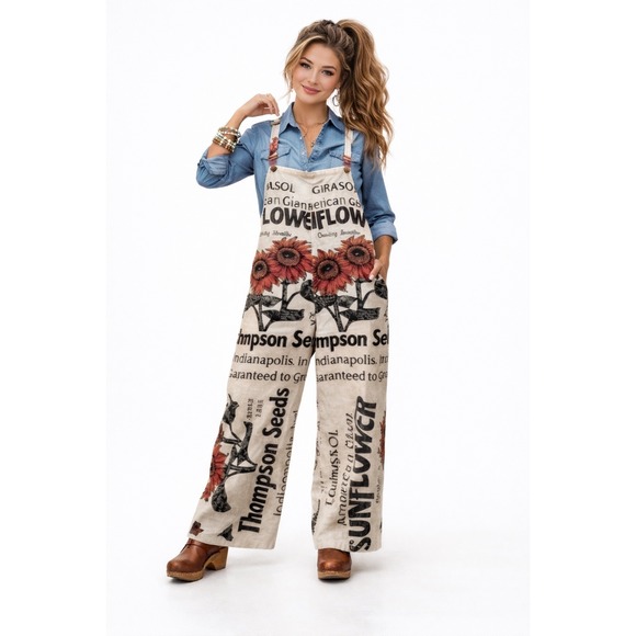 Sunflower Overalls Jumpsuit Sunflower Print Vintage Style Baggy Wide Leg - Picture 1 of 5